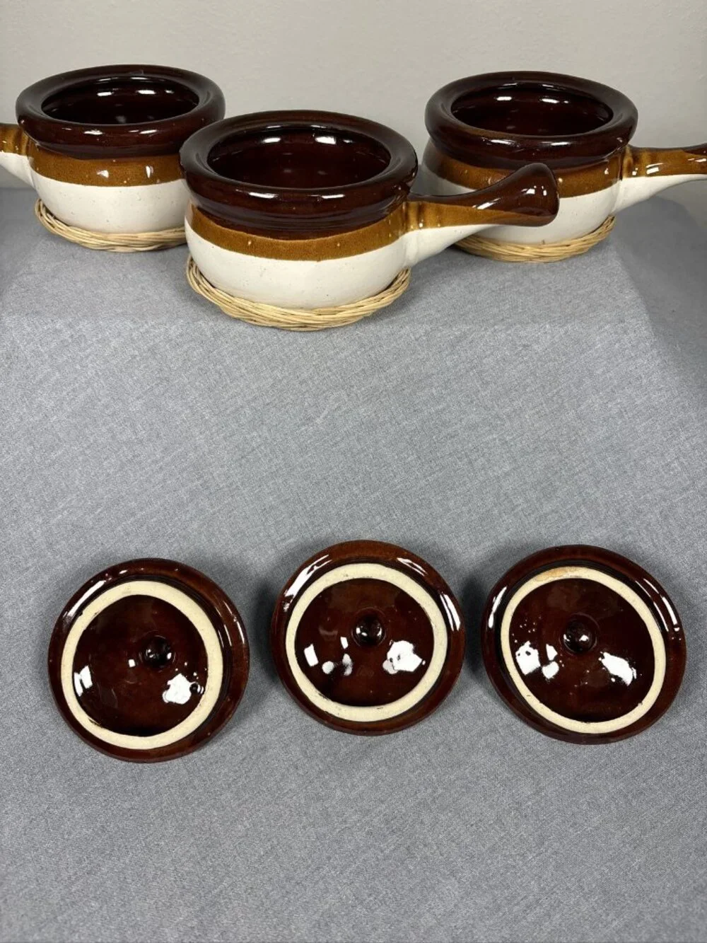 Vintage Set of 3 Stoneware French Onion Soup Crocks with Lids and Handles W/bask